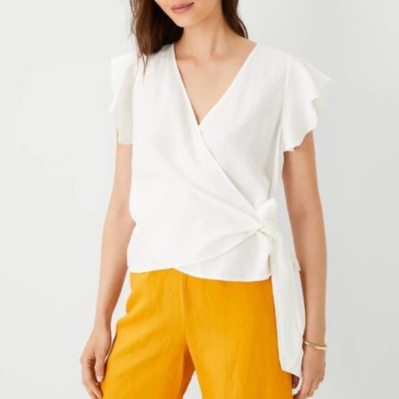 Ann Taylor Linen Blend Ruffle Wrap Top Winter White Sz S - Picture 1 of 10